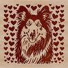A vector illustration of a Shetland sheepdog with heart symbols, suitable for digital design projects.