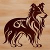 A Shetland Sheepdog standing on a lawn, featured as a vector graphic design.