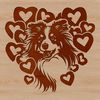 Lovable Shetland Sheepdog Portrait Close-up illustration of a friendly Shetland Sheepdog's head with love hearts surrounding its features.