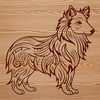 A standing Shetland sheepdog with ornate features.