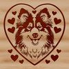 Shetland Sheepdog Portrait with Heartfelt Details An illustration of a Shetland sheepdog's head with love hearts surrounding it.