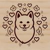 A colorful illustration of a happy Shiba Inu dog's head, surrounded by love hearts.