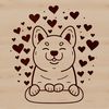 Shiba Inu dog sitting on its haunches with love hearts surrounding it.