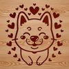 Shiba Inu Silhouette with Heart Accents A loyal Shiba Inu dog breed sitting proudly with hearts around its head.