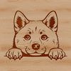 Shiba Inu Portrait with Decorative Element A Japanese Shiba Inu dog's head is peeking out from behind a decorative element.