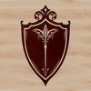 An ornate metal shield design with intricate details and patterns.
