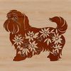 Illustrative depiction of a standing Shih Tzu dog surrounded by floral elements.