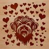 A small dog with a sweet expression and two heart symbols above its head.