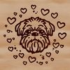 A colorful illustration of a cute Shih Tzu dog with love hearts surrounding its head.