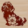 A sitting Shih Tzu breed dog surrounded by simple floral elements in a digital vector format.