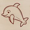 A simple line drawing of a dolphin in the ocean, featuring a sea creature with a curved dorsal fin.