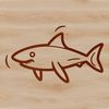 A simple line-drawn illustration of a smiling shark in a playful pose.