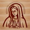 A simple line drawing of the Virgin Mary in ornate traditional attire, suitable for religious contexts.