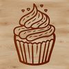 A simple line drawing of a cupcake with love hearts on top, ideal for printing or using in digital designs.