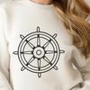 A simple nautical-themed line drawing of a cruise ship's wheel.