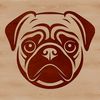A simple line drawing of a pug dog's head with basic facial features and body.