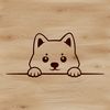 A simple line drawing of a Japanese breed dog's head, peeking out from behind something.