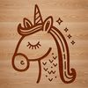 A simple line drawing of a mythical creature's head, featuring a unicorn with a gentle expression.