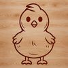 A simple line drawing of a cute chicken in profile.