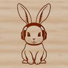 A cartoon rabbit sitting on its haunches wearing headphones.