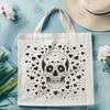 A stylized skull design with love hearts surrounding it.