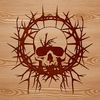 A detailed illustration of a skull with thorns, suitable for tattoo design or as clip art.
