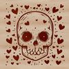 A stylized illustration of a skull with love hearts embedded in the design elements.