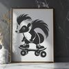 Adorable Skunk on Wheels A black and white skunk character with a skateboard, suitable for use in digital designs.