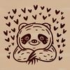 A cartoon sloth with love hearts on its head, peeking out from behind foliage.