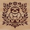 Sloth Portrait in Floral Motif An ornate illustration of a sloth's head peeking out from behind floral patterns.