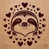 A sloth's head with love hearts surrounding it.