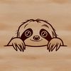 A cute sloth peeking out from behind foliage in a simple vector design.