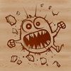 A friendly monster bursting through a brick wall in a playful Halloween theme.