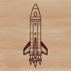A stylized illustration of a spaceship in flight, featuring metallic surfaces and sleek lines.