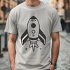 Cosmic Spacecraft Silhouette Illustrated spaceship in outer space with stars and planets.