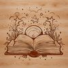 A stylized illustration of a spell book with ornate decorations, surrounded by mystical symbols and mysterious elements.