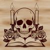 Gothic Skull with Floral Motif and Candle A stylized Gothic-style skull surrounded by a floral motif with a book and candle in the background.