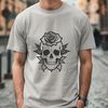 Elegant Gothic Skull Illustration with Ornate Details A detailed illustration of a Gothic-style skull surrounded by ornate details and decorations.