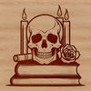 Stylized Candlelit Skull Design A stylized Gothic skull surrounded by a rose, with a candle casting a shadow on the background.