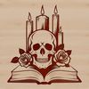 Gothic Ornamentation A stylized Gothic skull surrounded by a candle and rose in an ornate setting.