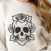 Elegant Gothic Skull Design with a Floral Twist A detailed illustration of a Gothic-style skull with a rose integrated into the design.