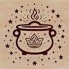 A witch's cauldron and various magical objects in a spooky Halloween setting, created as a vector design.