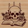 Elegant Gothic Skull Design with Rose Eye A stylized gothic skull with a rose placed within the eye socket, surrounded by ornate details.