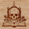 Candlelit Skull Illustration A detailed illustration of a skull adorned with a rose, surrounded by candles and an open book.