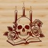 Gothic Candlelit Skull Design A dark and ornate illustration of a skull surrounded by candles and roses, suitable for Halloween designs.