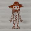 A witch stands next to a scarecrow in a spooky forest scene.
