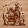 Vector illustration of a haunted house with spooky decorations and a witch casting a spell