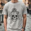 Gothic Rose Wreath Skull Decoration A stylized Gothic skull surrounded by a wreath of roses, suitable for Halloween decorations or designs.