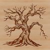 A detailed illustration of a spooky tree surrounded by eerie foliage on a dark background.