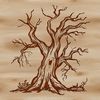 Witch's Tree Silhouette Halloween Design A spooky tree silhouette with a witch's hat on its branches against a dark background.